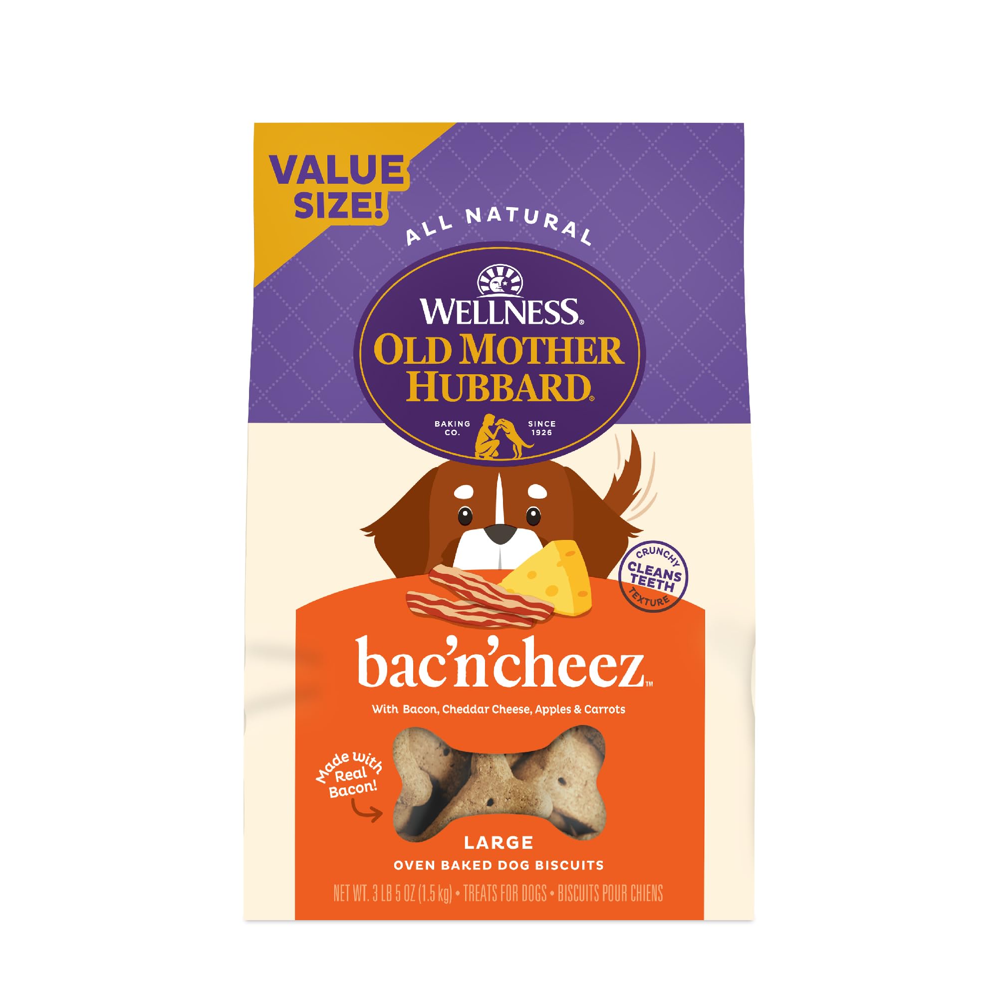 Old Mother Hubbard Wellness Bac'N'Cheez Dog Biscuits, Natural, Training Treats, Bacon & Cheese Flavor, Large Size, (3.3 Pound Bag)
