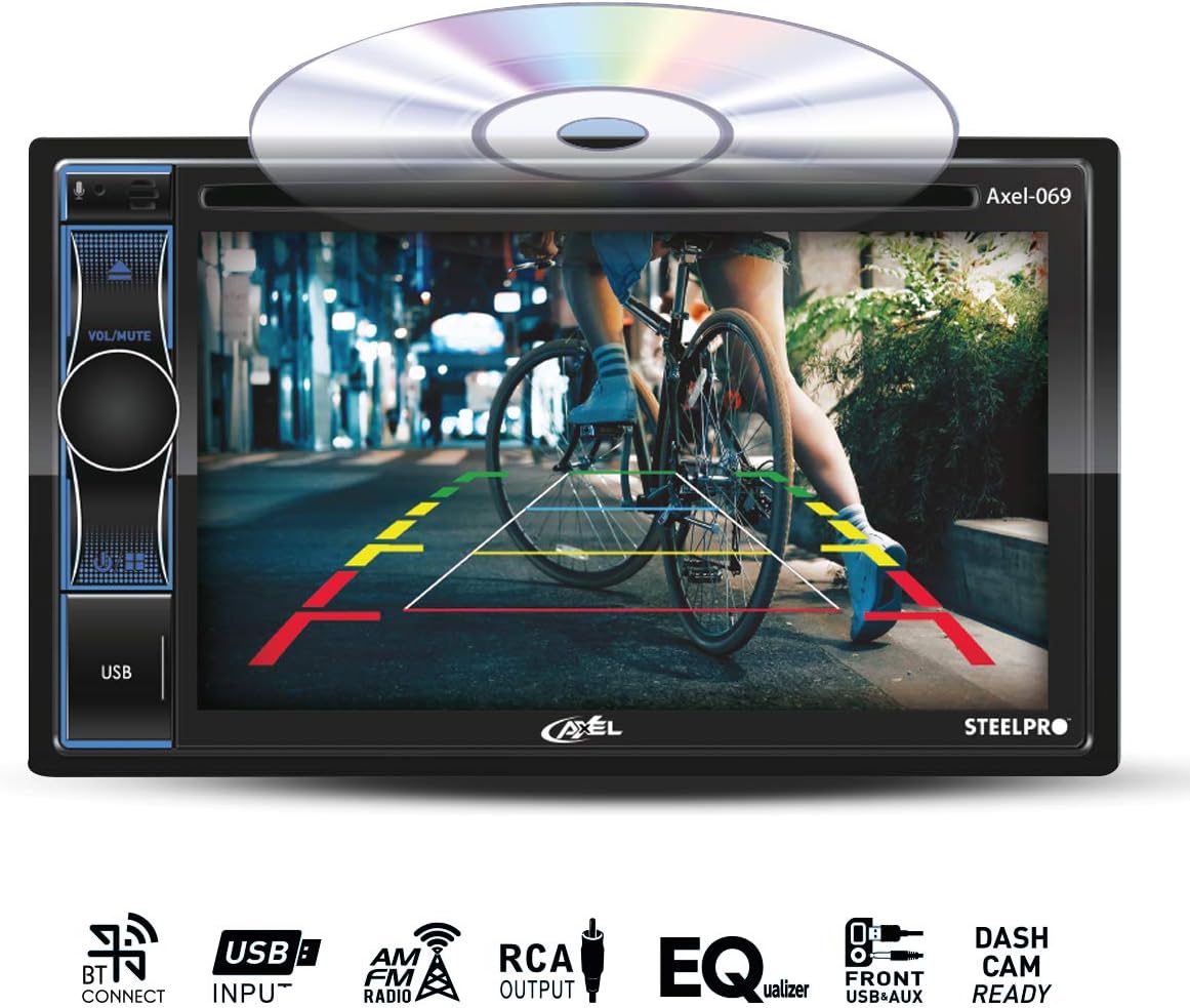 Steelpro Autoestereo Axel Premium display showing a reverse camera view with parking guidelines.
