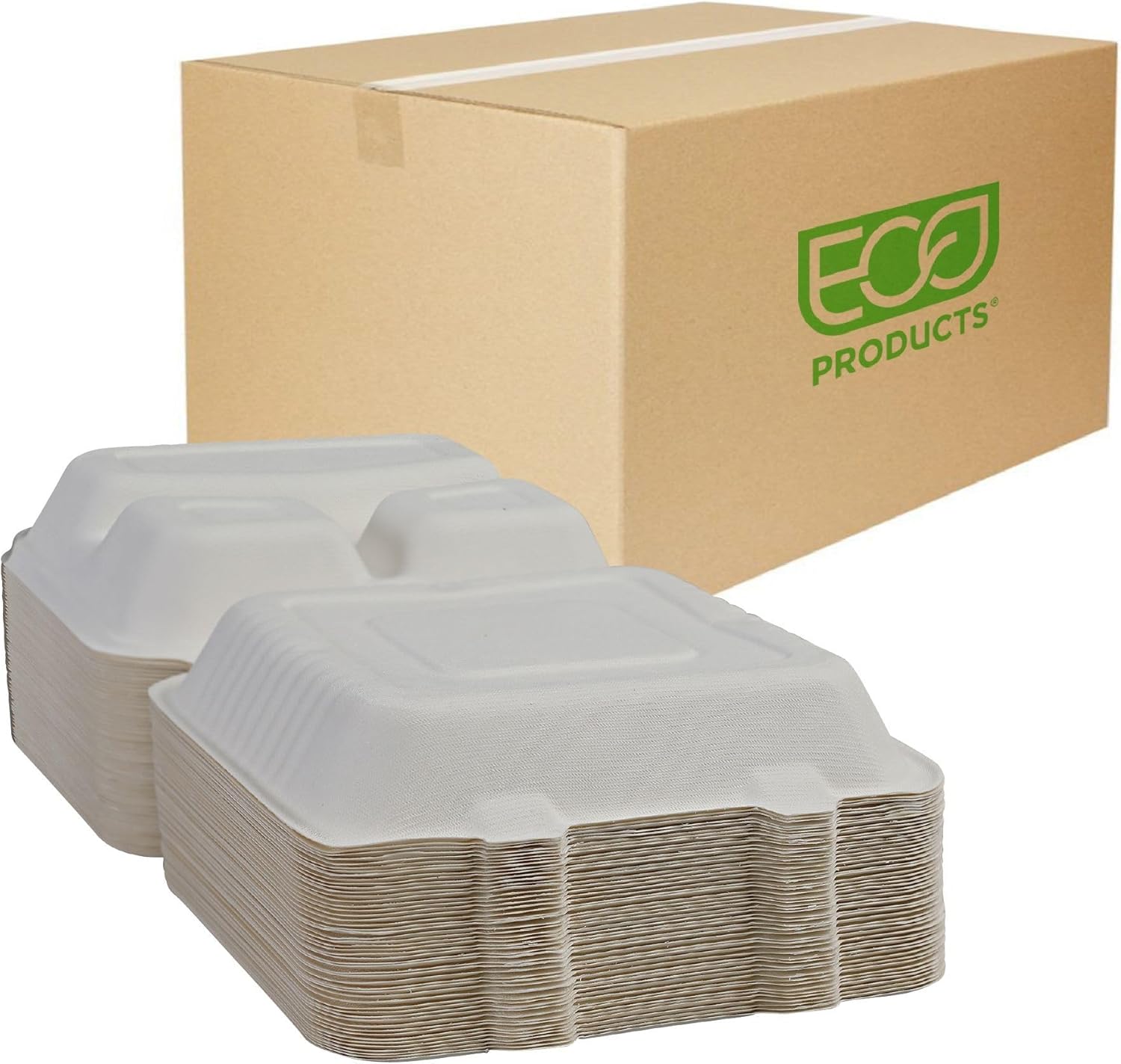 ECO PRODUCTS Compostable 8" Clamshell Soak Proof Vanguard To Go Containers, Case of 200, Square Takeout Food Box, White Renewable Lined Molded Fiber, No-Added PFAS, ASTM Compliant, BPI-Certified