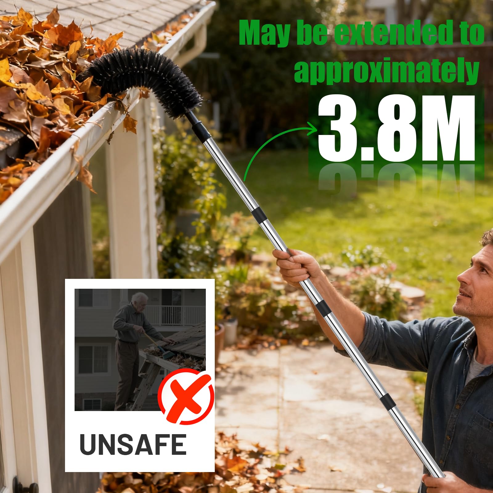 Outils de Nettoyage Télescopiques de Gouttière, 390cm Brosse de Nettoyage de Gouttière, Nettoyage Gouttiere Toit