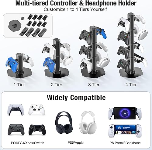 Vista 3 de Controller & Headset Holder Stand for Desk, with Charger Cable Organizer Headphone Stand for PS5/ Xbox/ PS4/ Switch, Metal Base Controller Hanger