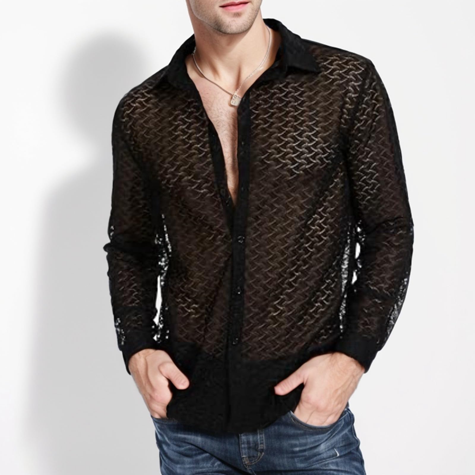 Chemise en maille transparente à fleurs pour homme - Chemise en maille filet sexy boutonnée - Chemise à manches longues - Chemise en maille - Clubwear - Lingerie sexy pour homme