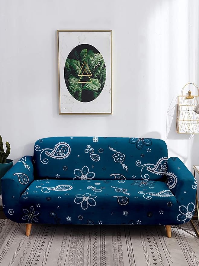 Cortina 100% Polyester Spandex Fabric Floral Printed Sofa Cover Big Elasticity Cover Stretch Universal Sofa Slipcover Three Seater (185 x 230 cm, Teal Blue)