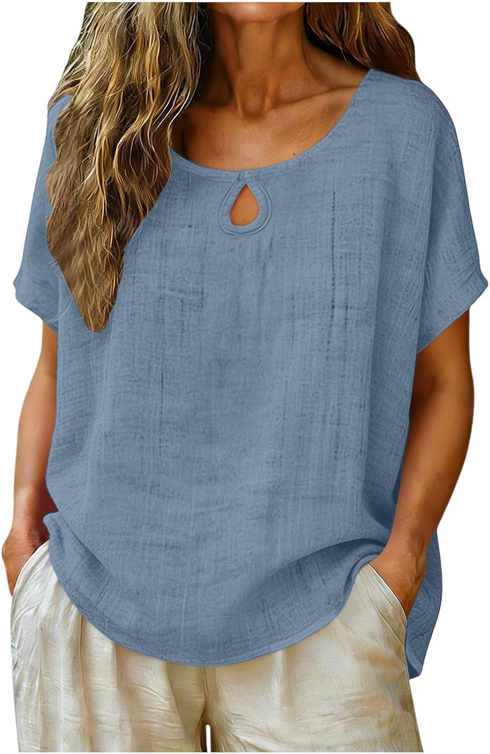 Linen Shirts for Women Crew Neck Batwing Sleeve Tops Cutout Gauze Casual High Low Hem Blouse Summer Loose Clothes