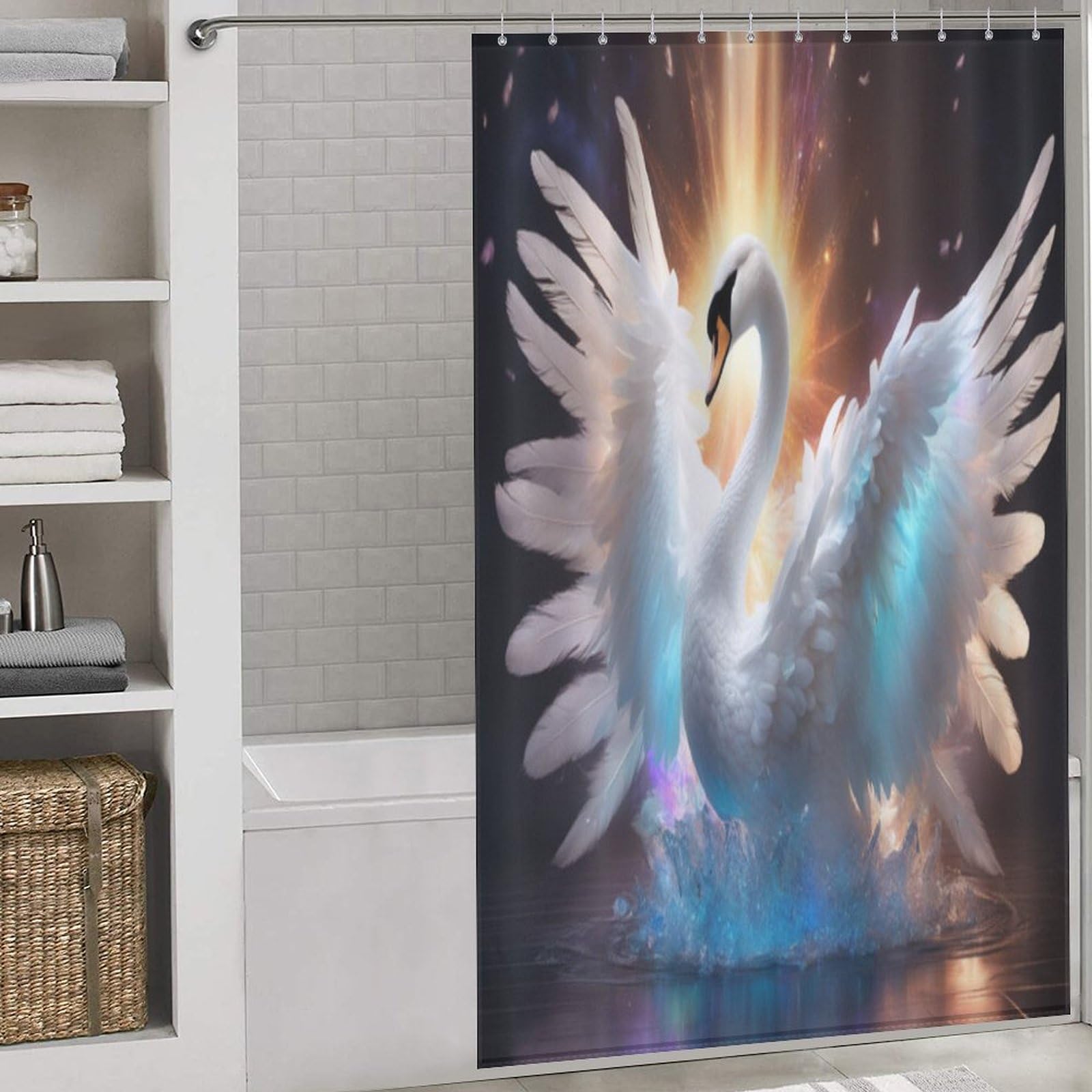 Rideau douche tissu cygne lavable et imperméable, textile haut de gamme 140x183cm avec 12 crochets