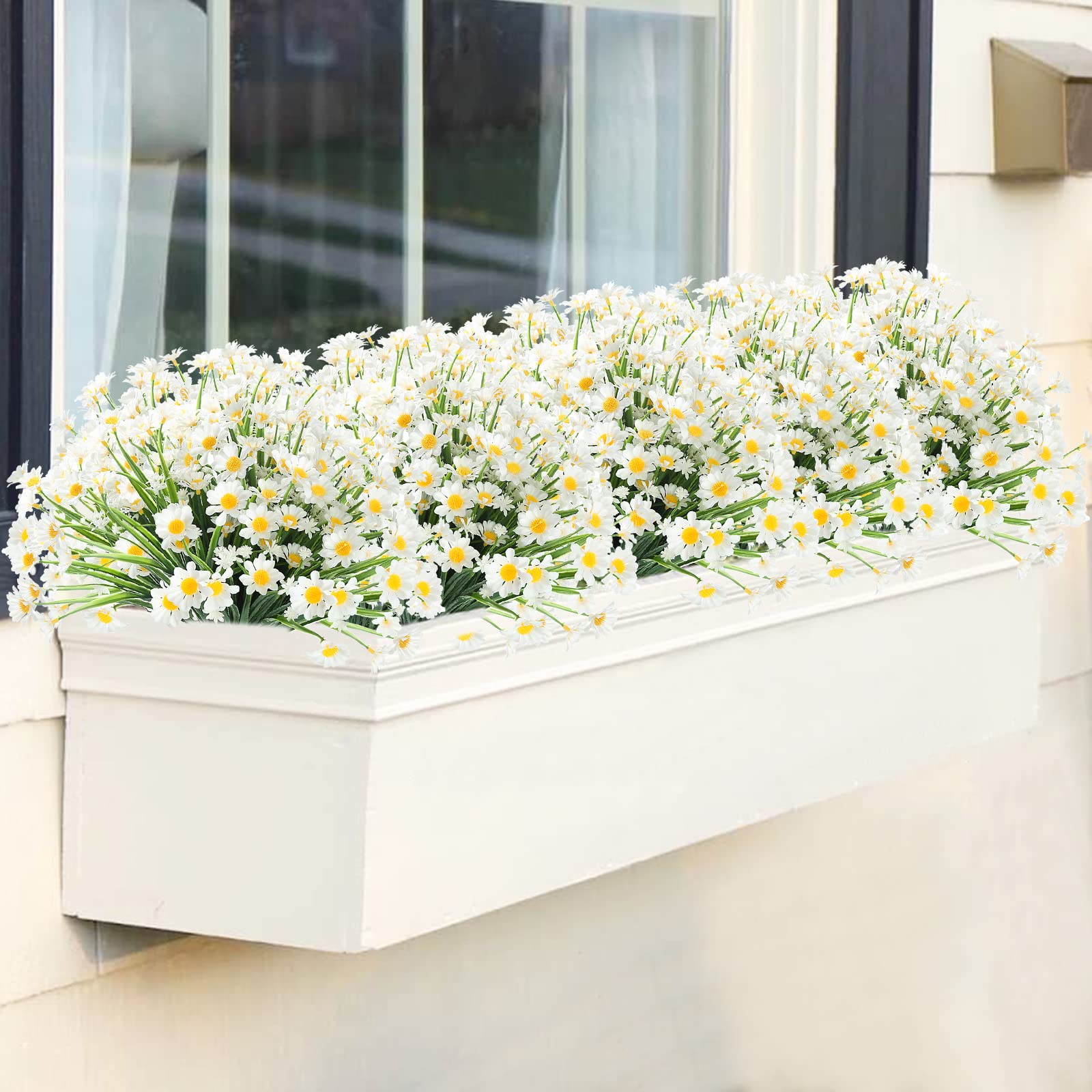 GREENRAIN 24 Bündel künstliche Gänseblümchen, für den Außenbereich, künstliche Blumen für Dekoration, kein Verblassen, Kunststoff, Blume, Garten, Veranda, Fensterkasten, Dekor (weiß)