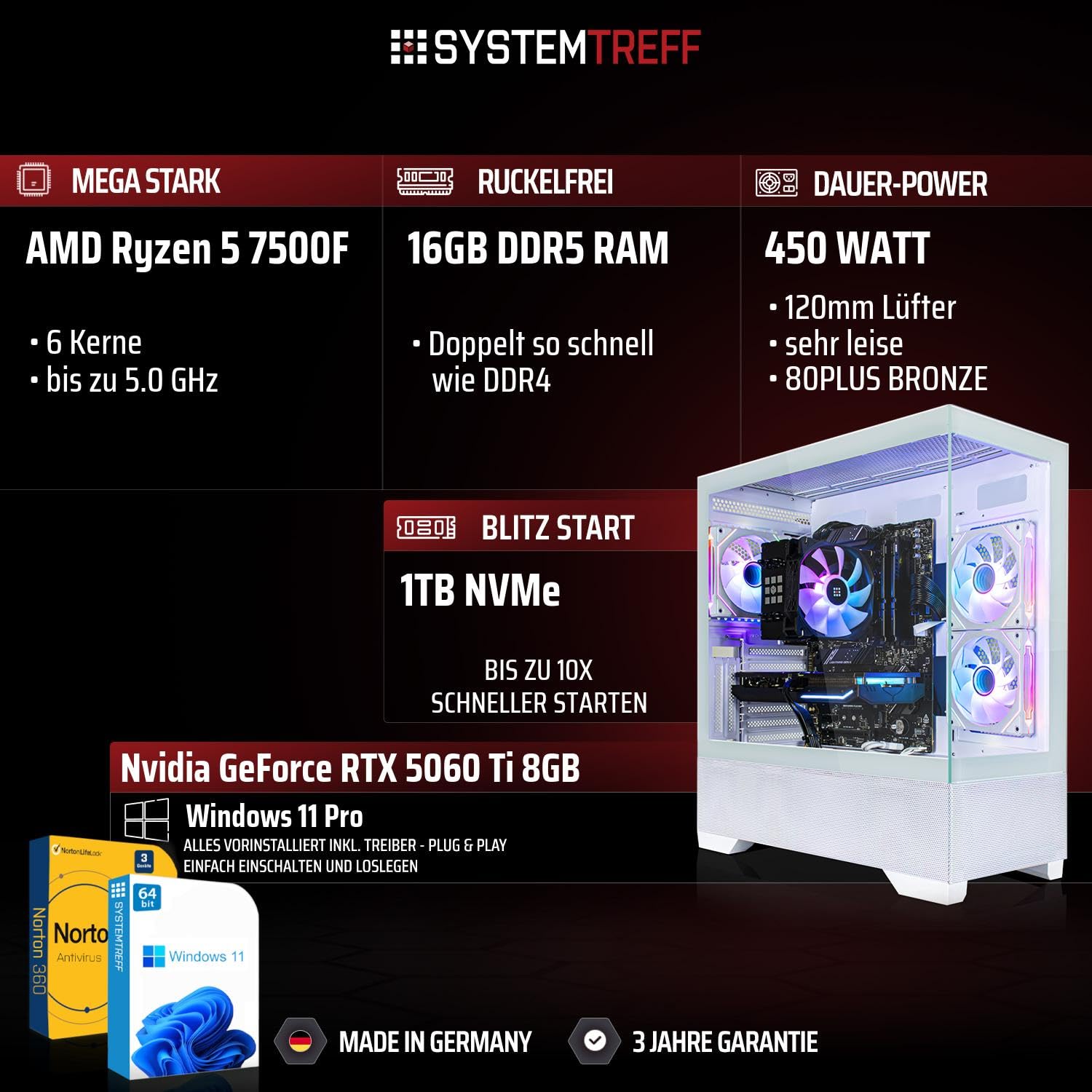 SYSTEMTREFF Gaming PC - AMD Ryzen 5 7500F - RTX 5060 Ti 8GB | AMD 6-Kern CPU bis 5 GHz, 16GB DDR5, 1TB M.2 NVMe SSD, Nvidia Grafik WLAN, Windows 11, für Gaming, Streaming