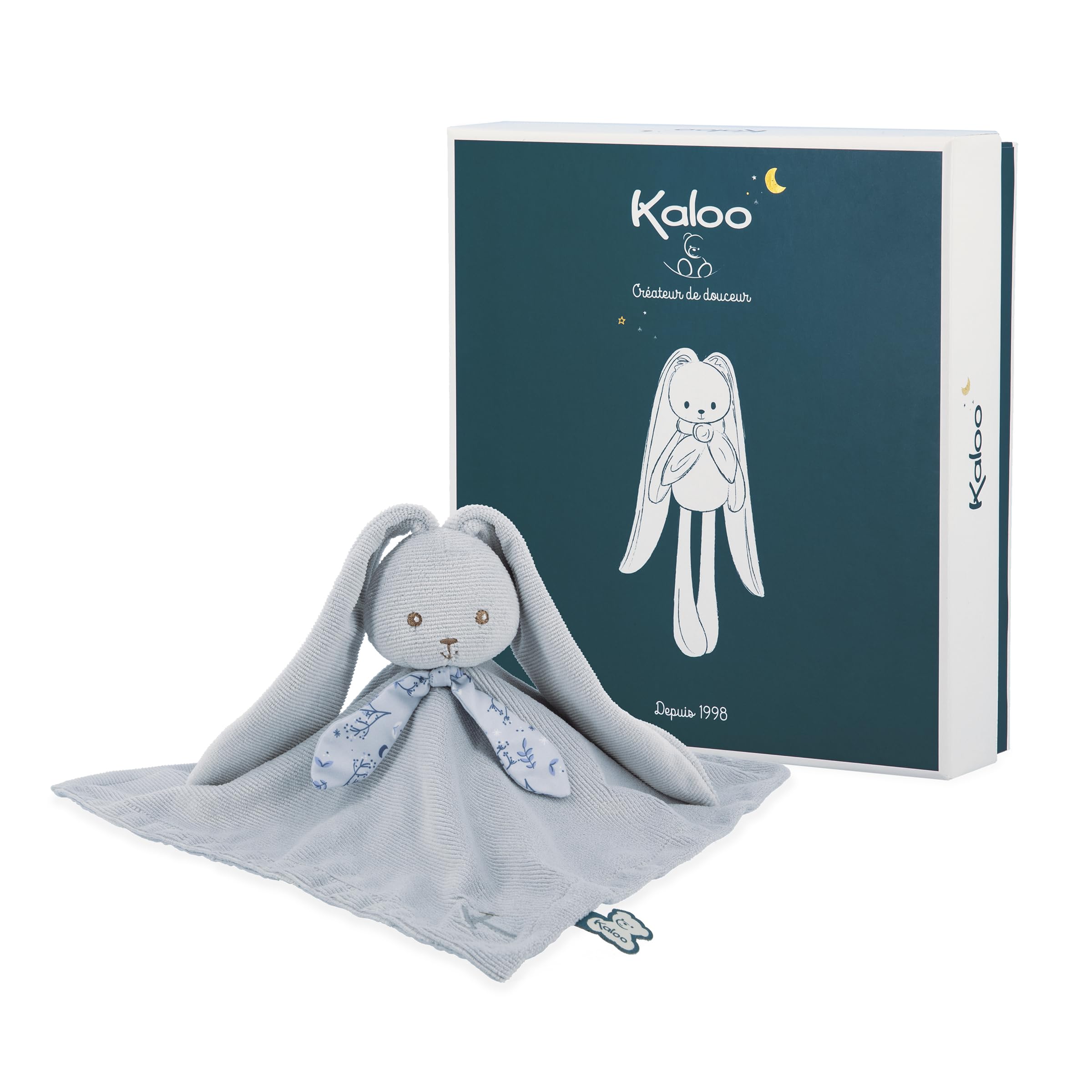 Kaloo - Lapinoo - Doudou Lapin Bleu - Peluche Bébé - Carré 30 x 30 cm - Bi-​Matières Viscose et Velours Côtelé Très Doux - Boîte Cadeau - Dès la Naissance, K218003