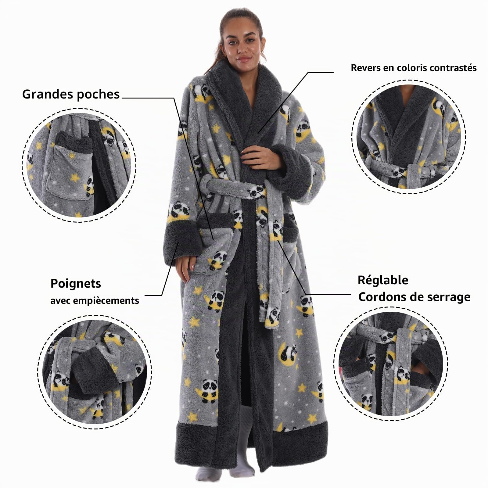 Peignoir de Bain Long en Flanelle Épaisse et Douce 140 cm sans Capuche - Robe de Chambre Chaud avec Poche et Ceinture - Taille Unique pour Femme, Homme - Cadeau Maison Spa