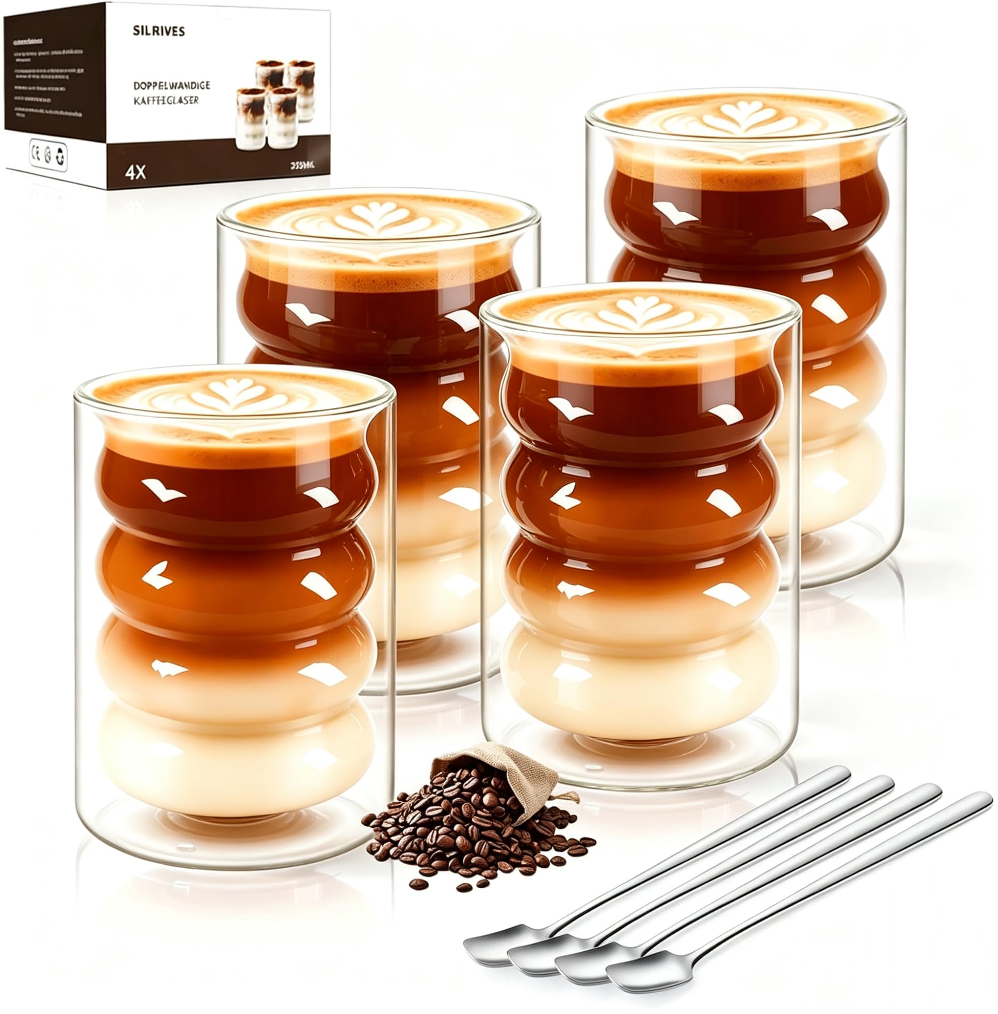 Doppelwandige Kaffeegläser Latte Macchiato Gläser 350ml 4er mit 4 Löffeln Thermogläser Doppelwandig aus Borosilikatglas Ideal als Cappuccino Gläser Kaffeetassen Teegläser Espressotassen