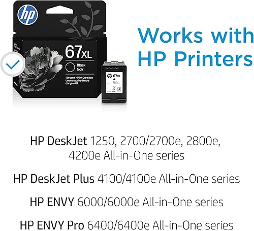 Vista 3 de HP Cartucho de tinta negro de alto rendimiento 67XL para impresoras HP Funciona con la serie de impresoras: DeskJet 1255, 2700, 4100, ENVY 6000