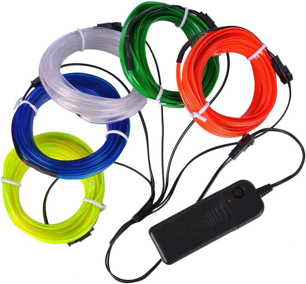 EL Wire Kit, AutoEC 5x3m Neon Light, Glowing Strobing Electroluminescent Wire for Party Car Interior Cosplay Halloween Christmas Decoration (White, Blue, Red, Yellow & Green)