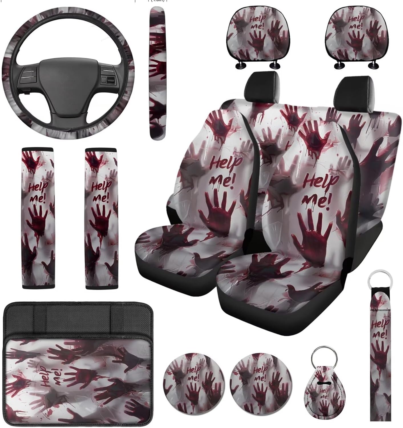 14 Pcs Spider Web Car Seat Covers Full Set Black and White Auto Steering Wheel Cover Armrest Cushion Head Rest Protector Seat Belt Covers with Keychain,Unverisal Fit Cars SUV Turcks