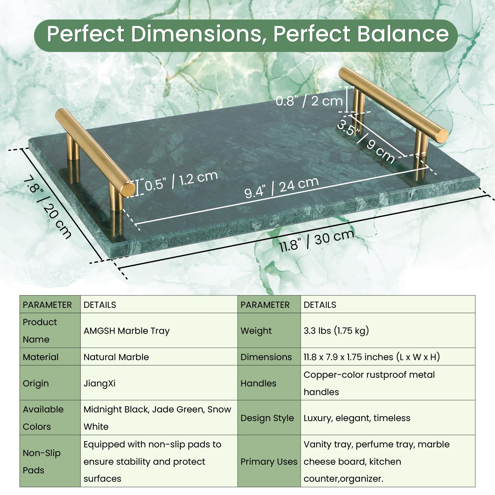 AMGSH Marble Tray, 11.8” x 7.9” Luxury Natural Marble Stone Tray with Copper-Color Metal Handles, Vanity Tray Perfume Tray Marble Cheese Board Kitchen Counter (Jade Green)