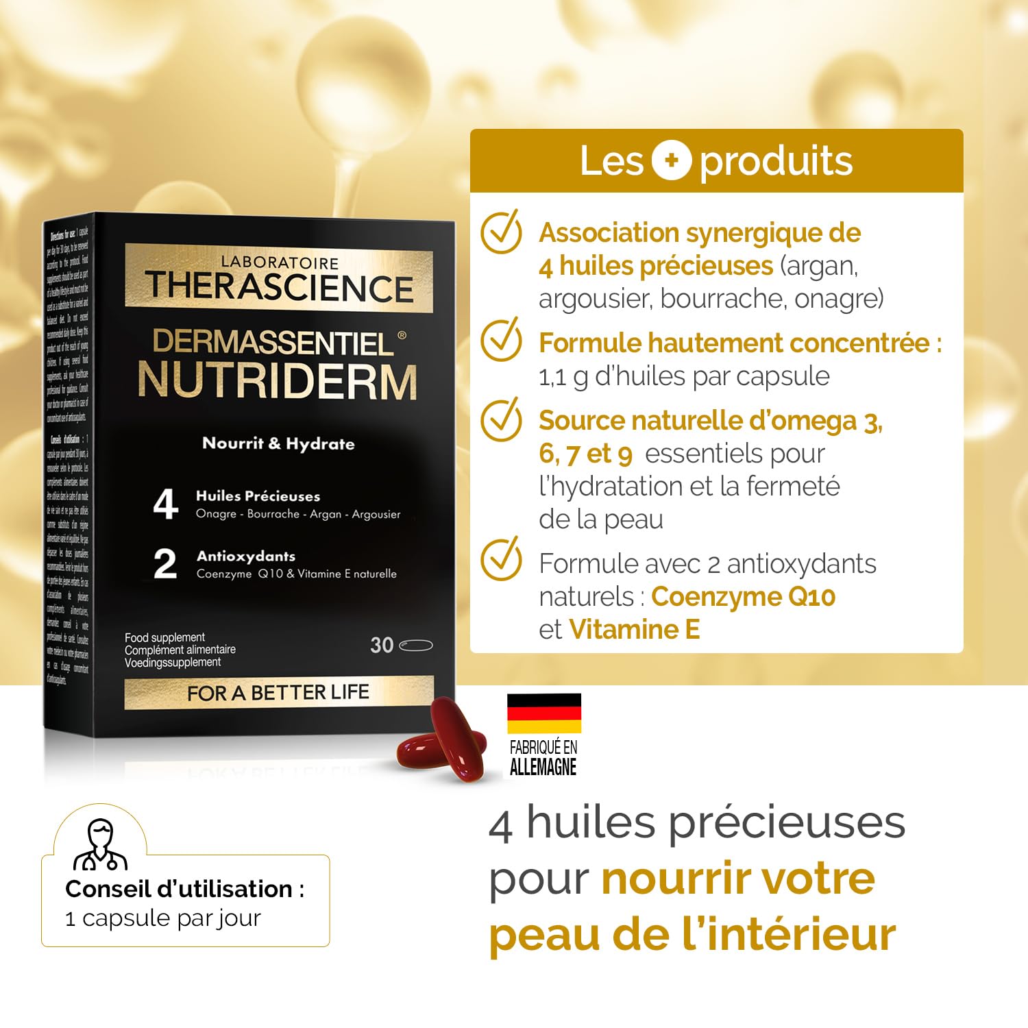 DERMASSENTIEL NUTRIDERM Lot de 3 | Nourrit & Hydrate | Argan Onagre Bourrache Argousier | Hautement concentré en Omegas 3,6,7,9 | Coenzyme Q10 + Vitamine E antioxydants | 90 Capsules | THERASCIENCE