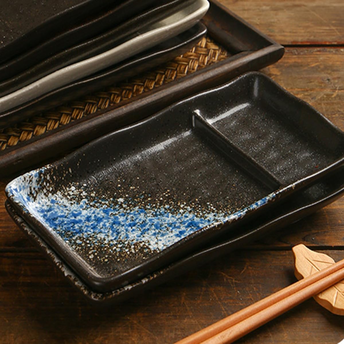 Ceramic Divided Sushi Plate with Blue Ice Pattern Japanese Dip Plate and Snack Dipping Dish for Sushi and Dumplings