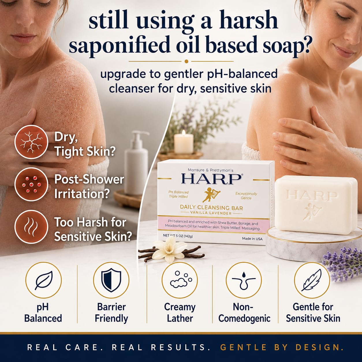 HARP pH-Balanced Syndet Body Wash Bar with Shea Butter & Borage Oil