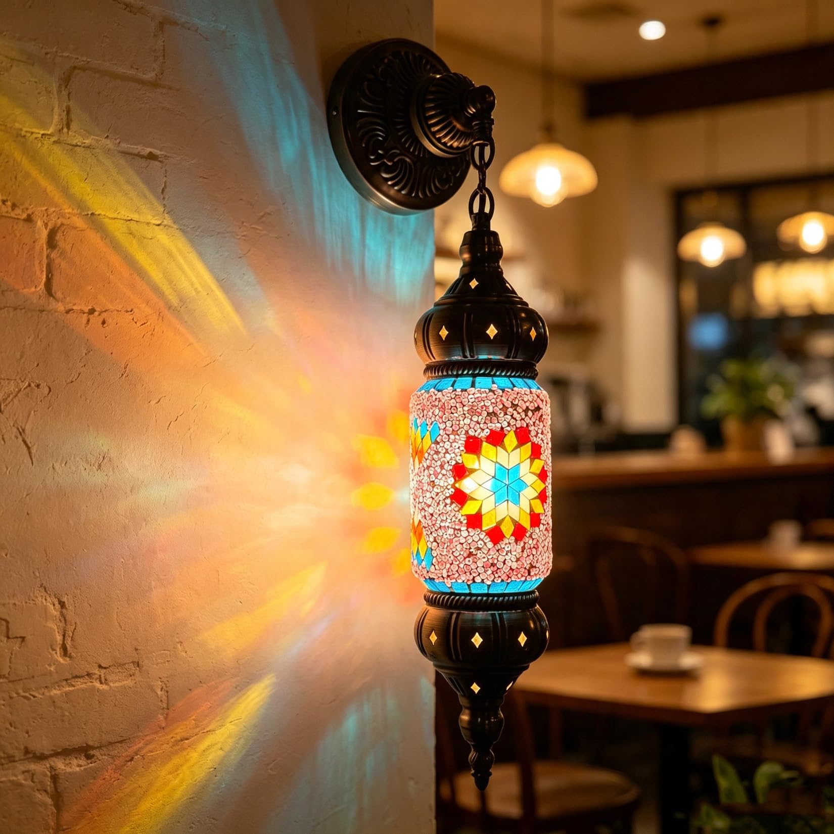 Yjmgrowing Pink Turkish Mosaic Wall Sconce, Moroccan Handmade Hanging Wall Lamp