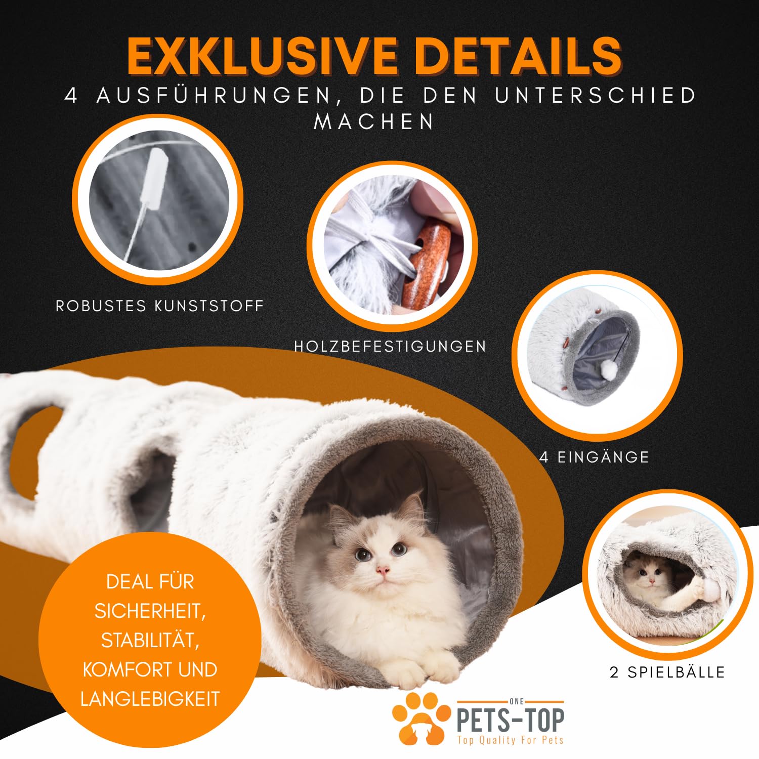 One PETS-TOP Katzentunnel XXL – Katzentunnel Große Katzen – Rascheltunnel für Katzen – Interaktives Katzenspielzeug für drinnen – aus weichem Plüsch