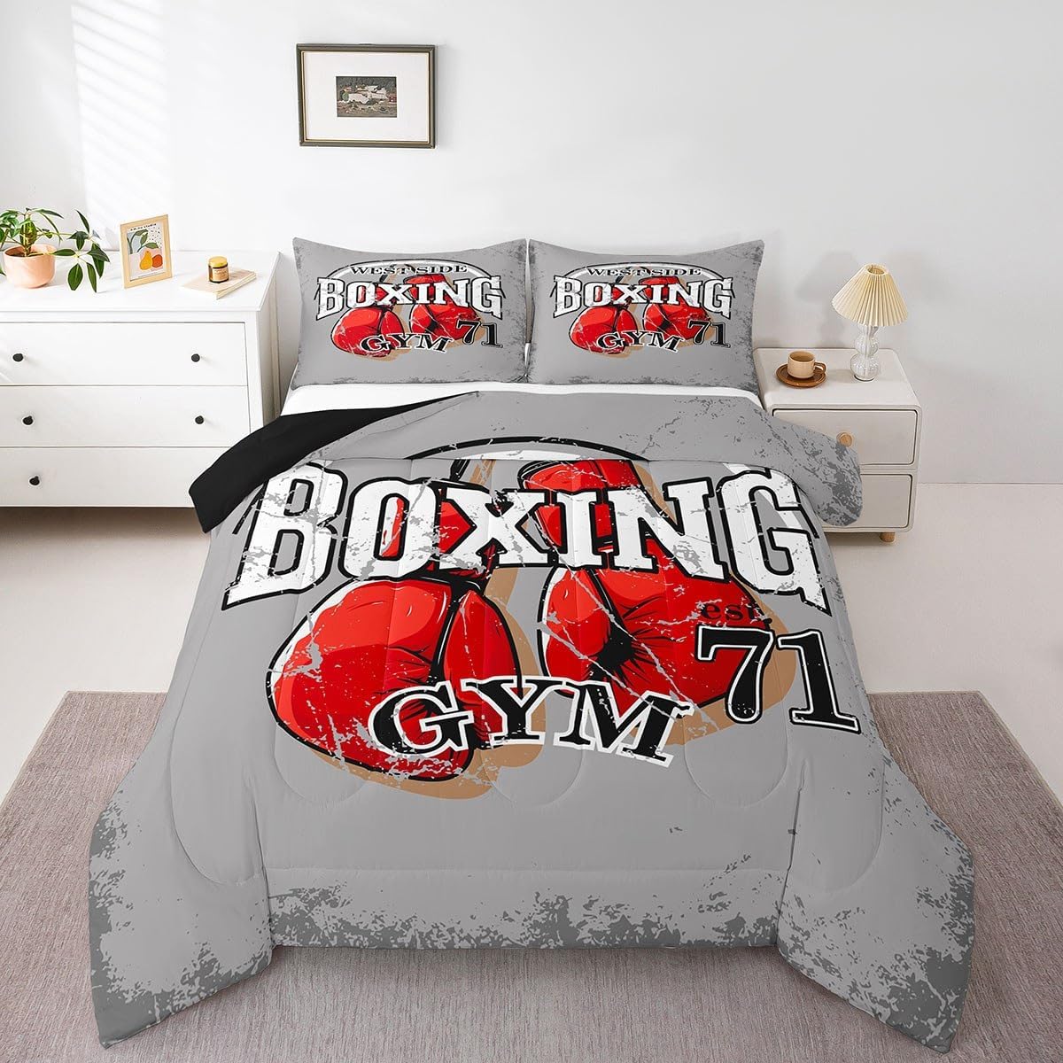 Boxing Comforter Set Gym Sports Theme Bedding Set for Boys Child Adult Men,Red Boxing Gloves Pattern Duvet Insert Sports Games Room Decor,Fighting Competition Pugilism Soft Bed Quilt Full Size Gray
