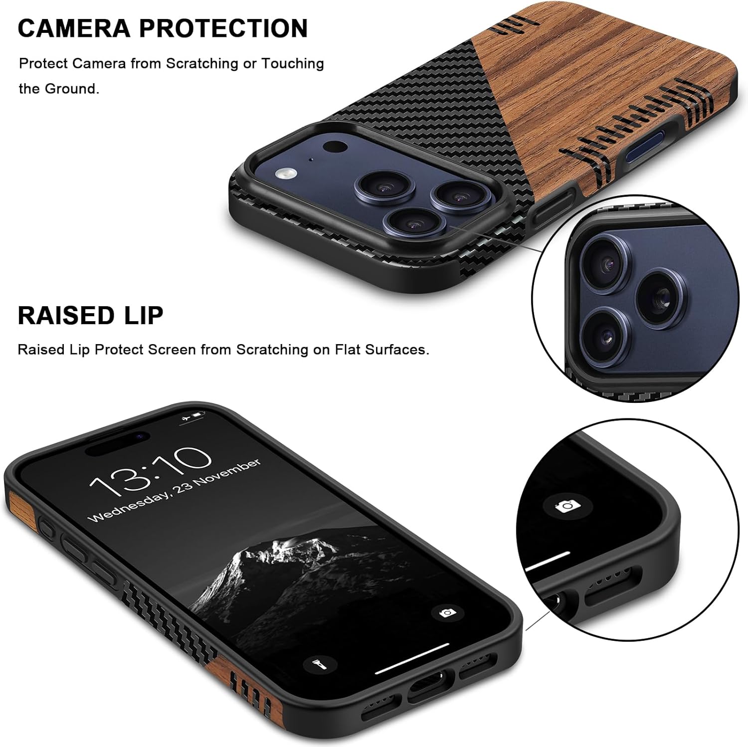 TENDLIN Compatible with iPhone 17 Pro Case Wood Grain with Carbon Fiber Texture Design Leather Hybrid Slim Case (Twill) - Image 4