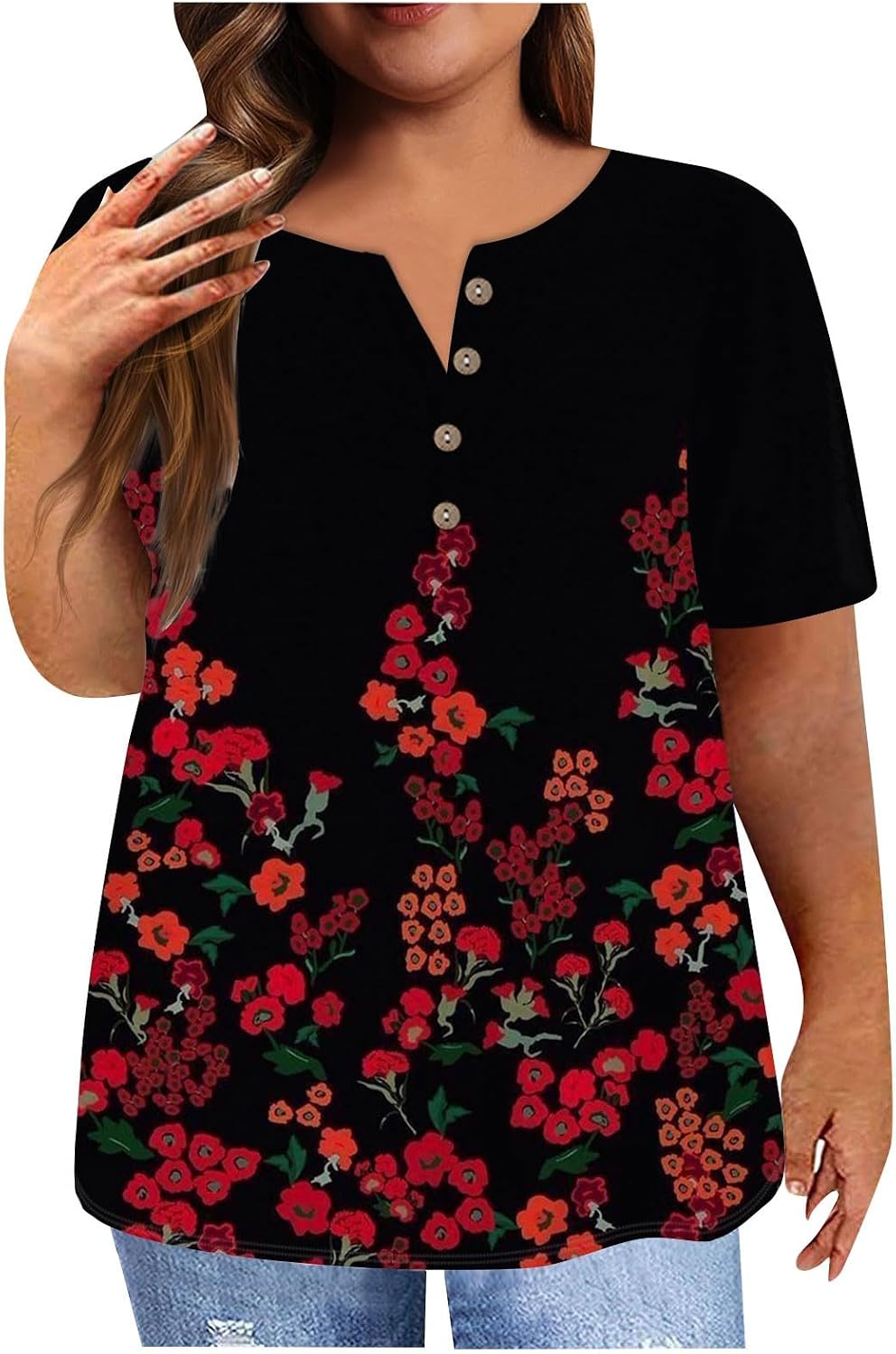 Women's Plus Size Tops, Summer Casual Short Sleeve Print T Shirts Loose Fit V Neck Tunic Blouses, L-5XL