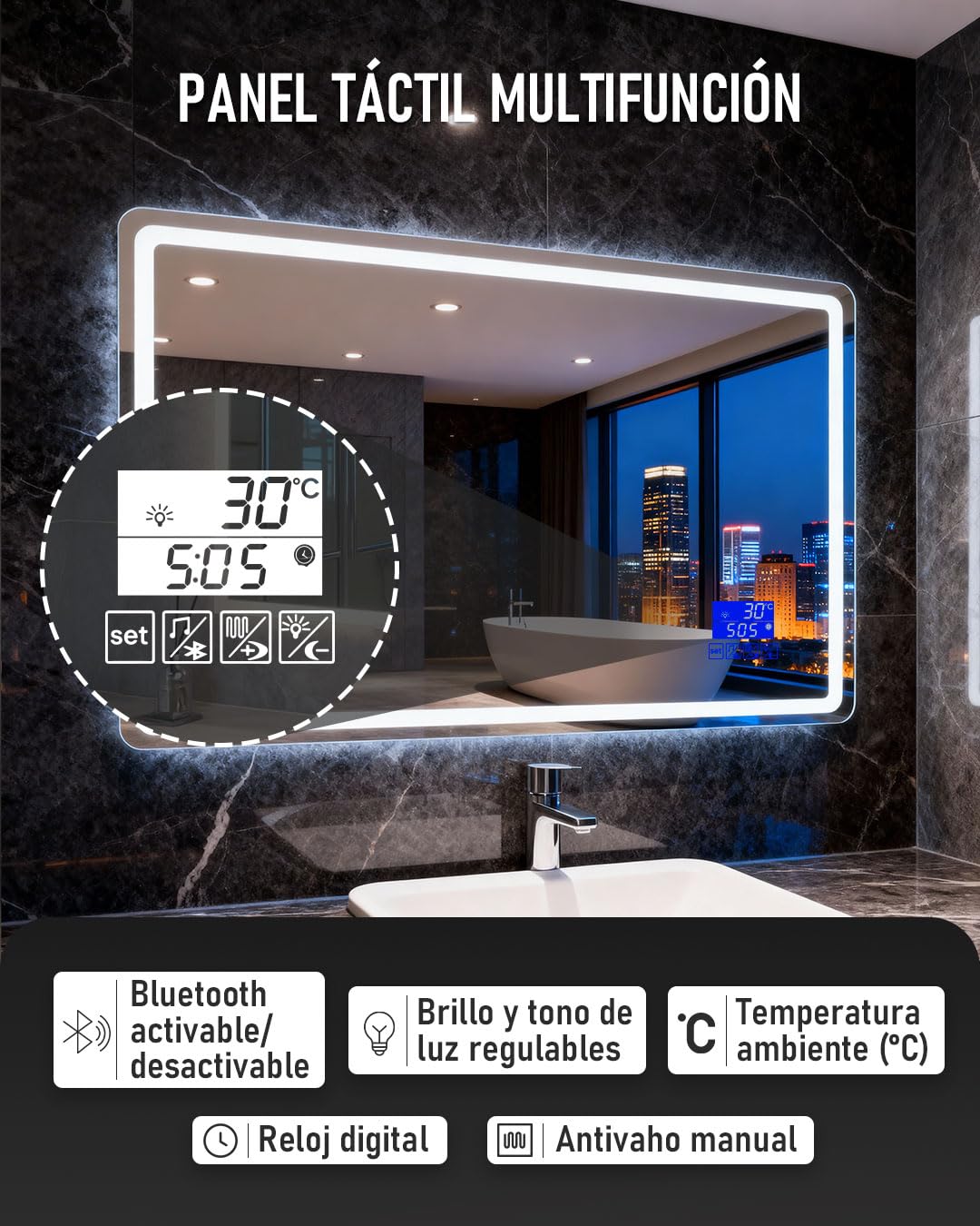 Espejo con Bluetooth y Luz LED Tipo 2 Regulable 3000K/4000K/6000K【120 x 70 cm】 Función Antivaho, Modelo Horizontal de Pared con Interruptor Táctil, Instalación Fácil