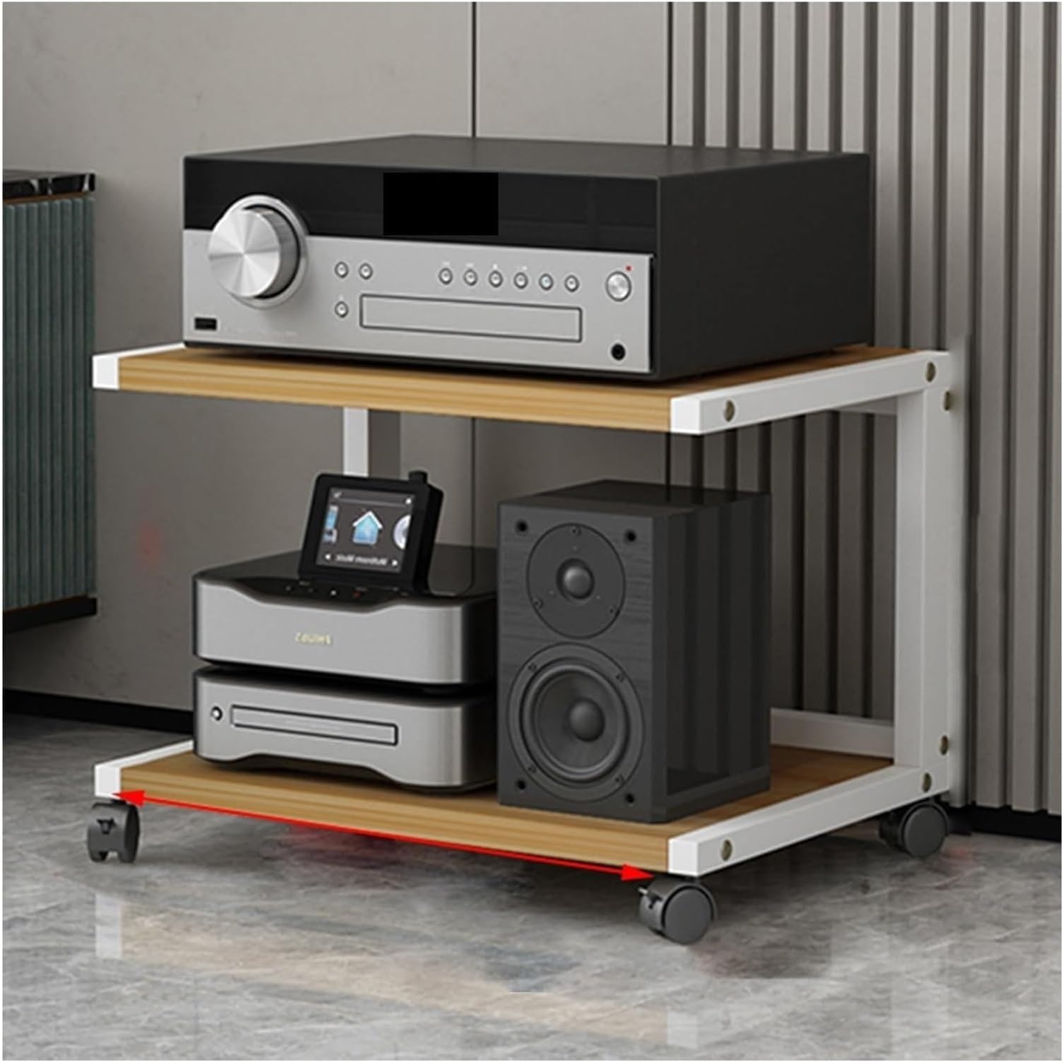 Audio Stand With Wheel, AV Media Stand CD Player Stand Home Stereo Rack, Stereo Cabinet, Adjustable Home Audio Rack Stereo Cabinet Record Player Stand, AV Component Media Stand(Wood+white,H40cm)