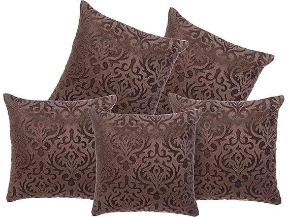 Belive-Me Velvet Embos Dark Brown Large Cushion Covers for Sofa Set of 5 Pieces (24 x 24inch / 60 x 60cm, Brown)