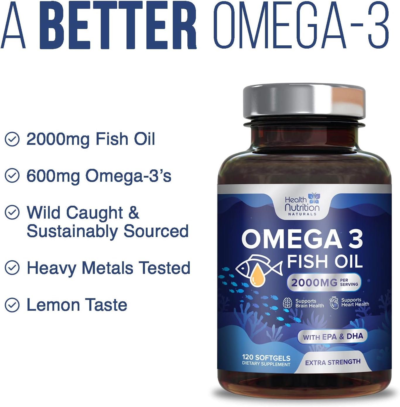Omega 3 Fish Oil - Triple Strength EPA & DHA Fatty Acids - Natural Support for Brain & Heart Health, Fish Oil Joint Support Supplement - Non-GMO, Burpless Lemon Flavor Health Nutrition - 120 Softgels