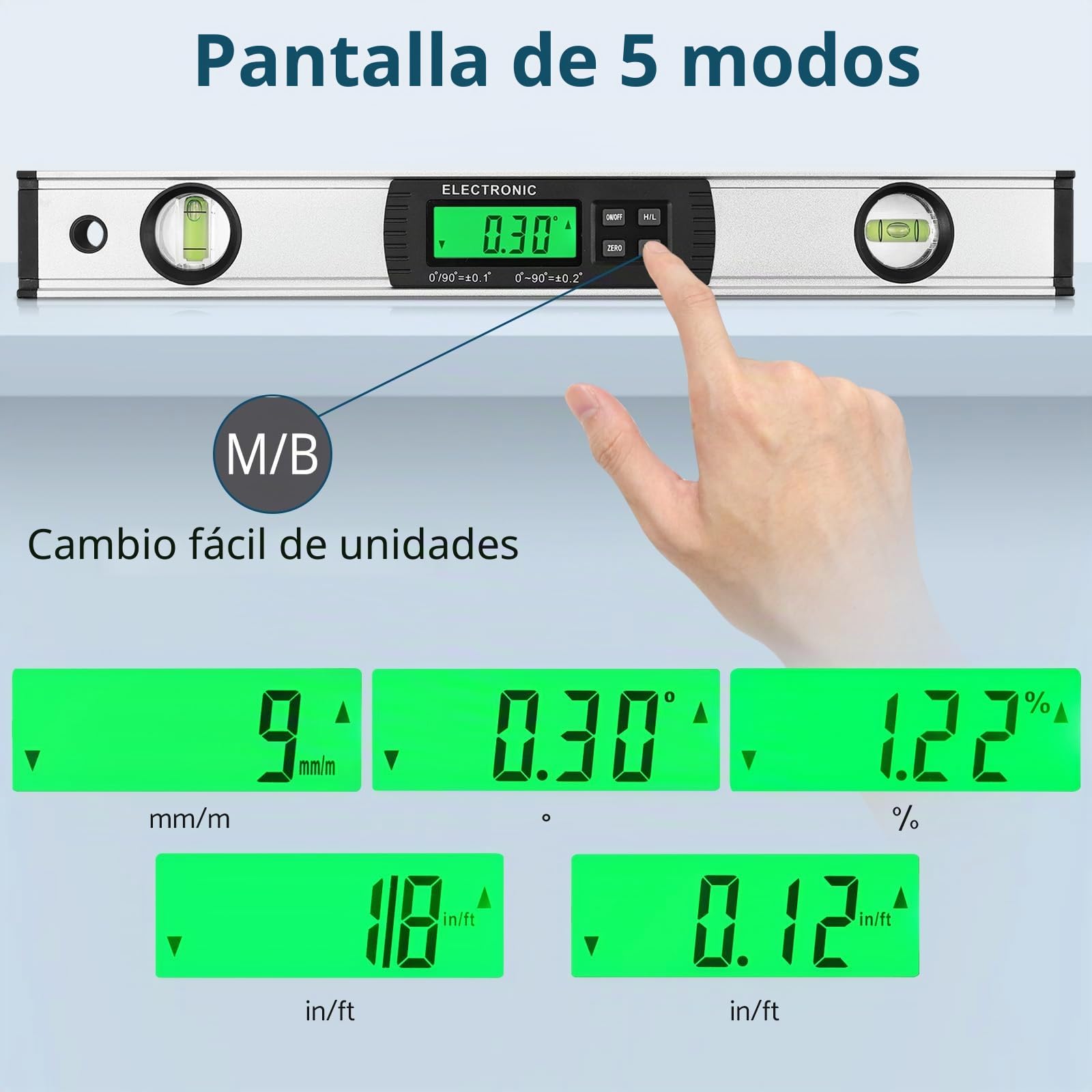 Nivel magnético digital, Allmeter 16 pulgadas, 4x90°0-360°, inclinómetro, buscador de ángulo, pantalla LCD de retroiluminación IP54, nivel de burbuja digital para carpintería, mampostería, automóvil