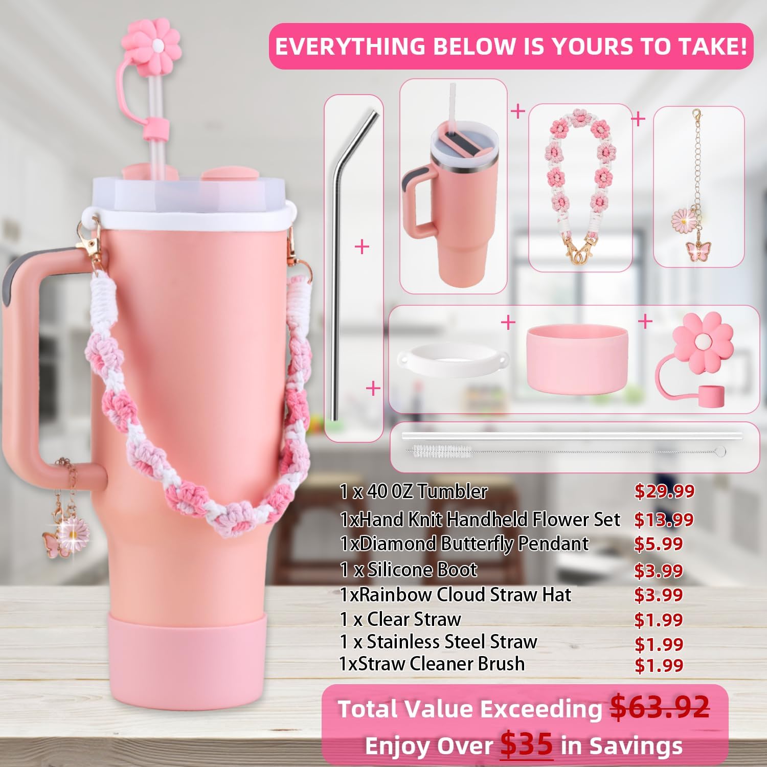 40 oz Tumbler Insulated Mug w/Straw & Flip Cap Lids - Cup Holder Bottle with 6 Accessories Set for Hot, Cold Drink - Leak-Proof - Water, Coffee Portable Travel Mug (Coral)