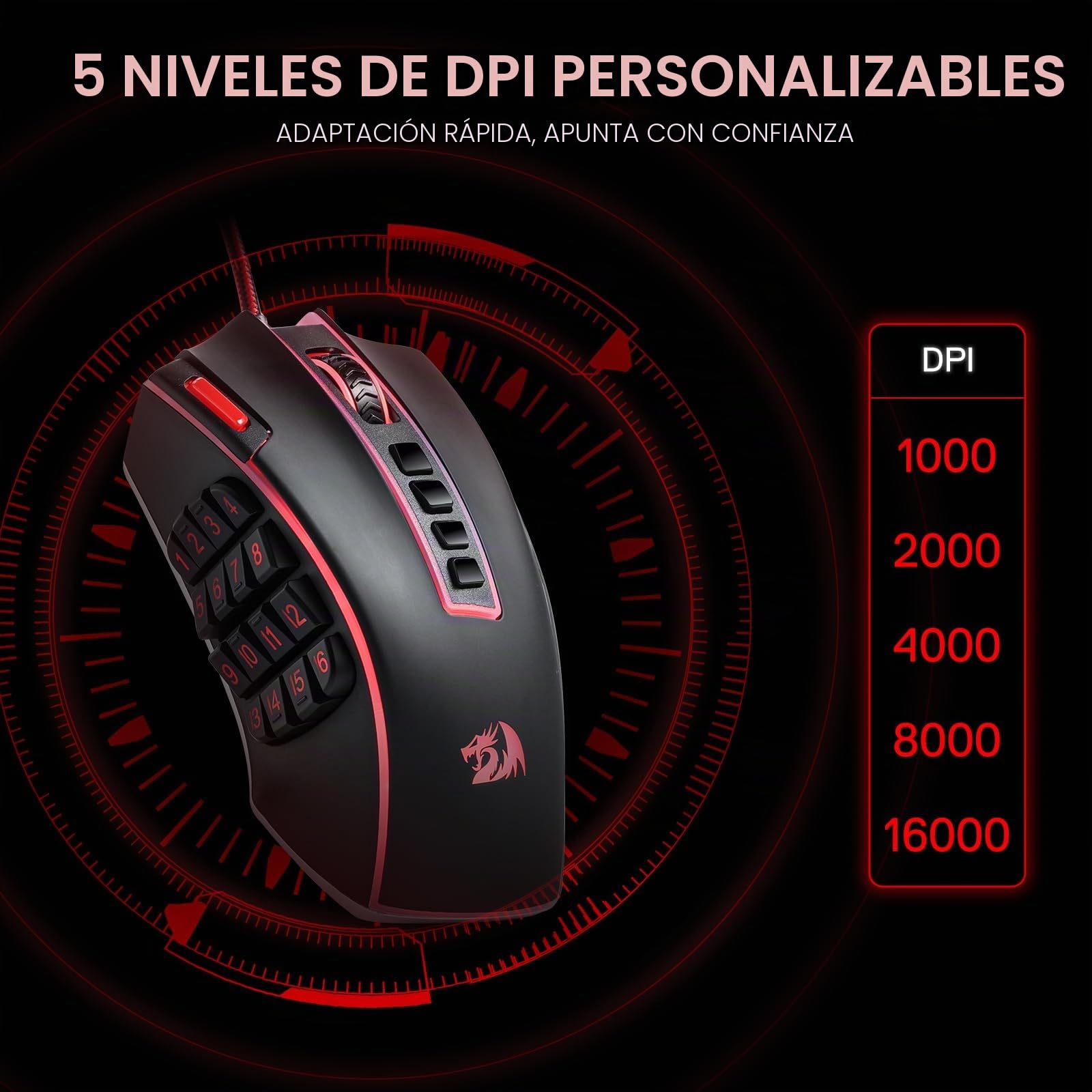 Redragon M990 MMO - Ratón para juegos, 32000 DPI de alta precisión con cable RGB con 23 botones programables, 16 teclas macro laterales, soporte de software, base de aluminio