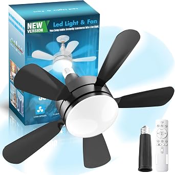 17.7" Socket Fan Light, Stepless Dimmable 3000K-6500K Small Ceiling Fans with Lights and Remote, 3000 Lumens E26/E27 Light Bulb Fan with Reversible Motor, for Bedroom Garage Kitchen Living Room