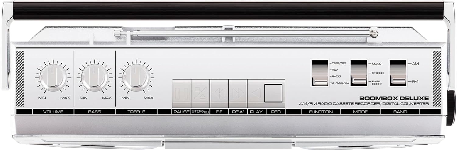 Top view of the ION Audio Boombox Deluxe Stereo showing volume, bass, treble, and playback controls