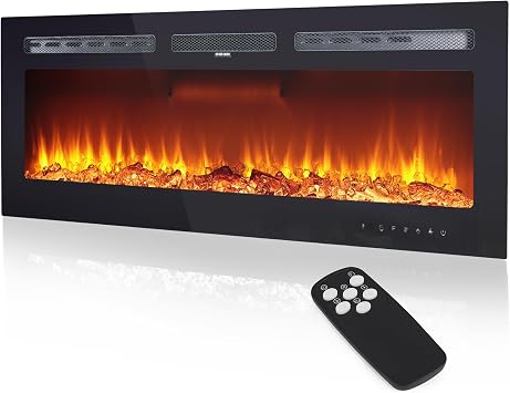 50 in Recessed Electric Fireplace with Remote Control, Electric Fireplace Wall Mounted, Low Noise Wall Fireplace Heater with Timer, Touch Screen, Adjustable Flame Color and Brightness, 750/1500W