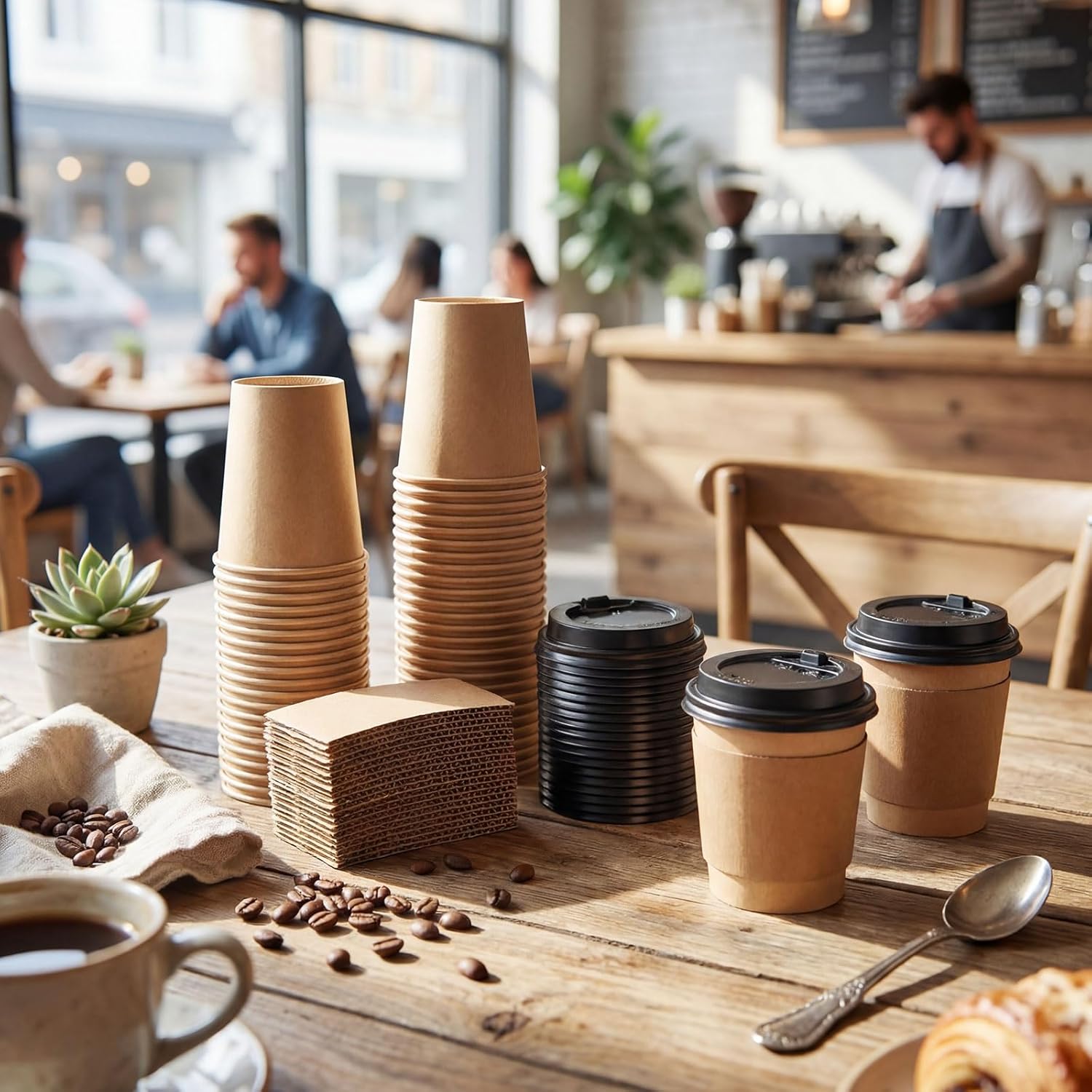 100 Pack 8 oz Kraft Paper Coffee Cups with Lids and Sleeves, Disposable Espresso Cups, Leak-Proof Thickened Hot/Cold Beverage Drinking Cup for Party, Home, Cafes, Businesses