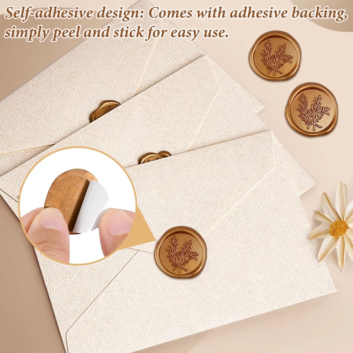 50PCS Sellos de Cera Autoadhesivo Pegatinas, Sellos de Lacre Adhesivo con Patrón de Romero, pegatinas para Sellar Sobres Doradas, Juego de Sellos de Pegatinas para Sobres de Boda Invitacion