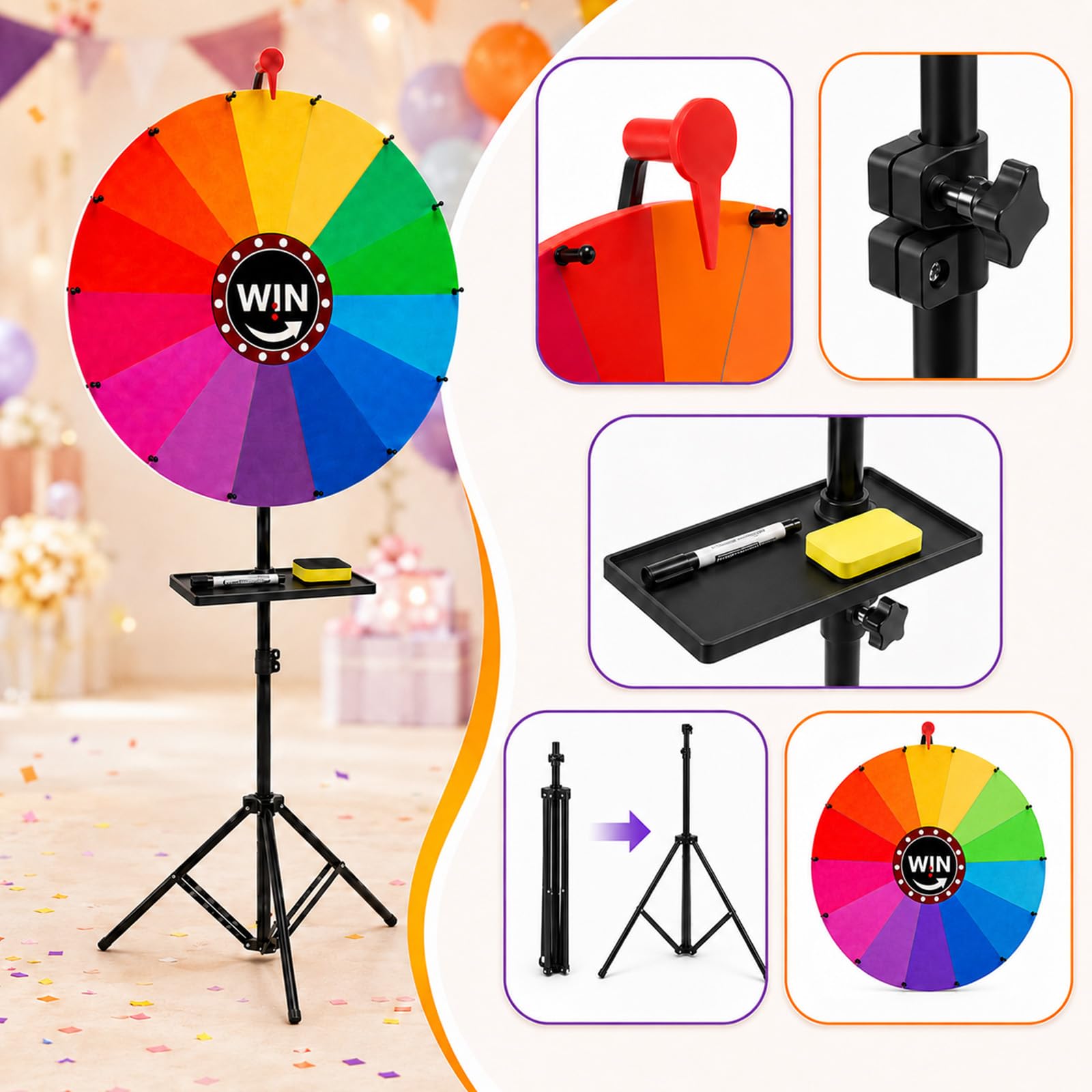 Glücksrad 61 cm mit 14 Fächern, Höhenverstellbares Preisrad 100-200 cm, Drehbares Gewinnspiel-Rad mit abwischbarer Oberfläche & Marker, Mobiles Glücksrad für Party, Messe, Hochzeit und Veranstaltungen