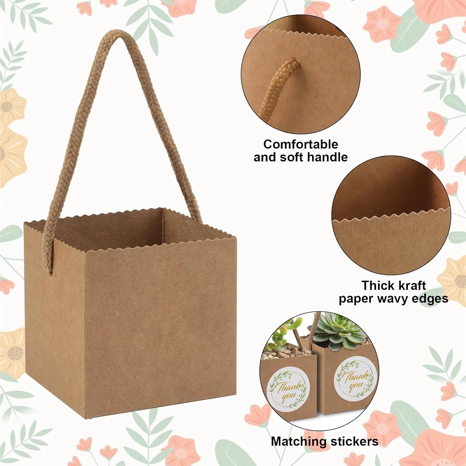 60 Pcs Succulent Wrap Bags Bulk Fits 2.5 Inch Pots with Thank You Stickers Mini Kraft Paper Succulent Gift Box Basket with Handles for Wedding Baby Shower Succulent Plants Party Favors for Guests - Image 3