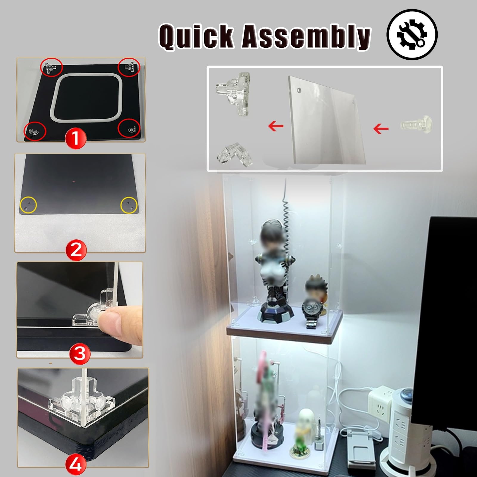 Cajas de Metacrilato Vitrina De Acrílico Iluminada por LED, Vitrina Apilable Transparente, Caja Organizadora A Prueba De Polvo, Fácil Montaje(40X25X35cm/16X10X14in)