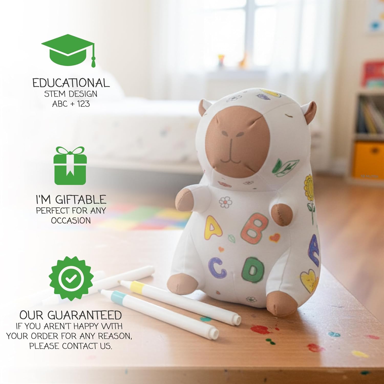 Capybara Coloring Plush Toy - Washable Doodle Stuffed Animal with Traceable Numbers & Letters - Color Me Plush Includes 4 Markers - Educational Reusable Draw on Stuffed Animal Doodle Doll