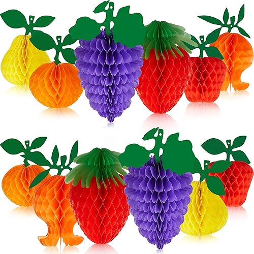 Outus 12 piezas de decoraciones de fiesta de frutas colgantes de panal de abeja, bola de papel de seda de fresa y manzana, centros de mesa para