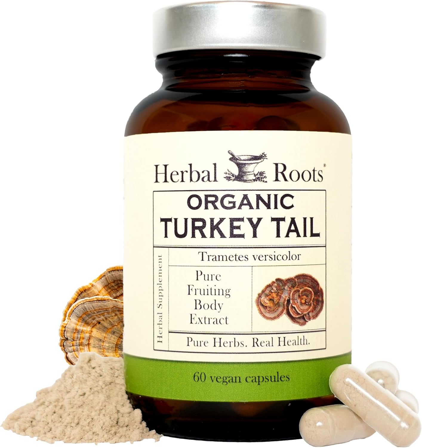 Herbal Roots Organic Turkey Tail Mushroom Supplement – Fruiting Bodies Extract – Immune Support – 60 Vegan Non GMO Capsules