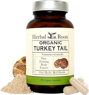 Herbal Roots Organic Turkey Tail Mushroom Supplement - Fruiting Bodies Extract - Immune Support - 60 Vegan Non GMO Capsules