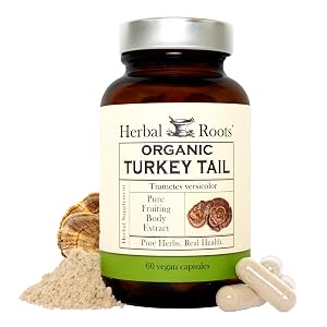 Herbal Roots Organic Turkey Tail Mushroom Supplement - Fruiting Bodies Extract - Immune Support - 60 Vegan Non