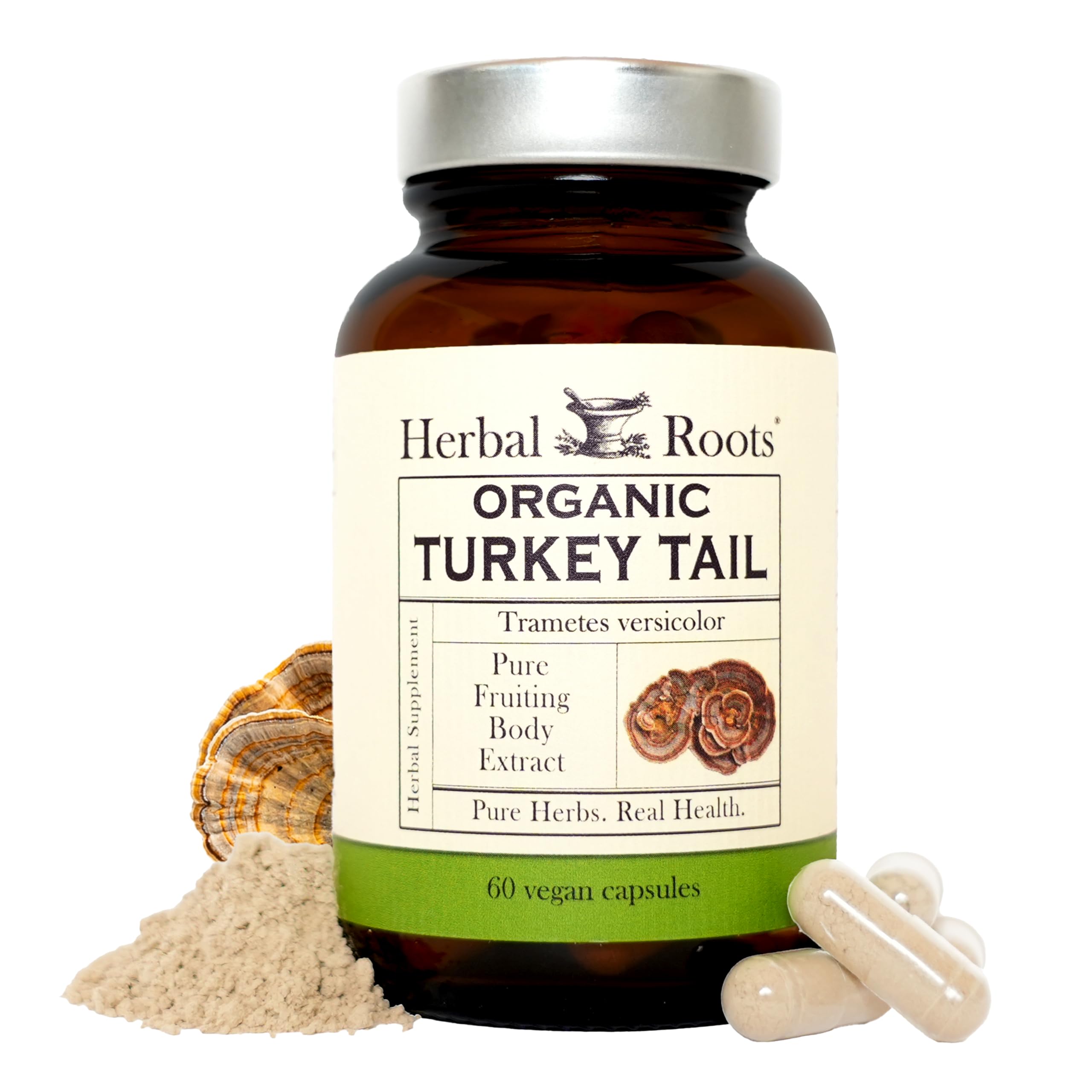 Herbal Roots Organic Turkey Tail Mushroom Supplement - Fruiting Bodies Extract - Immune Support - 60 Vegan Non