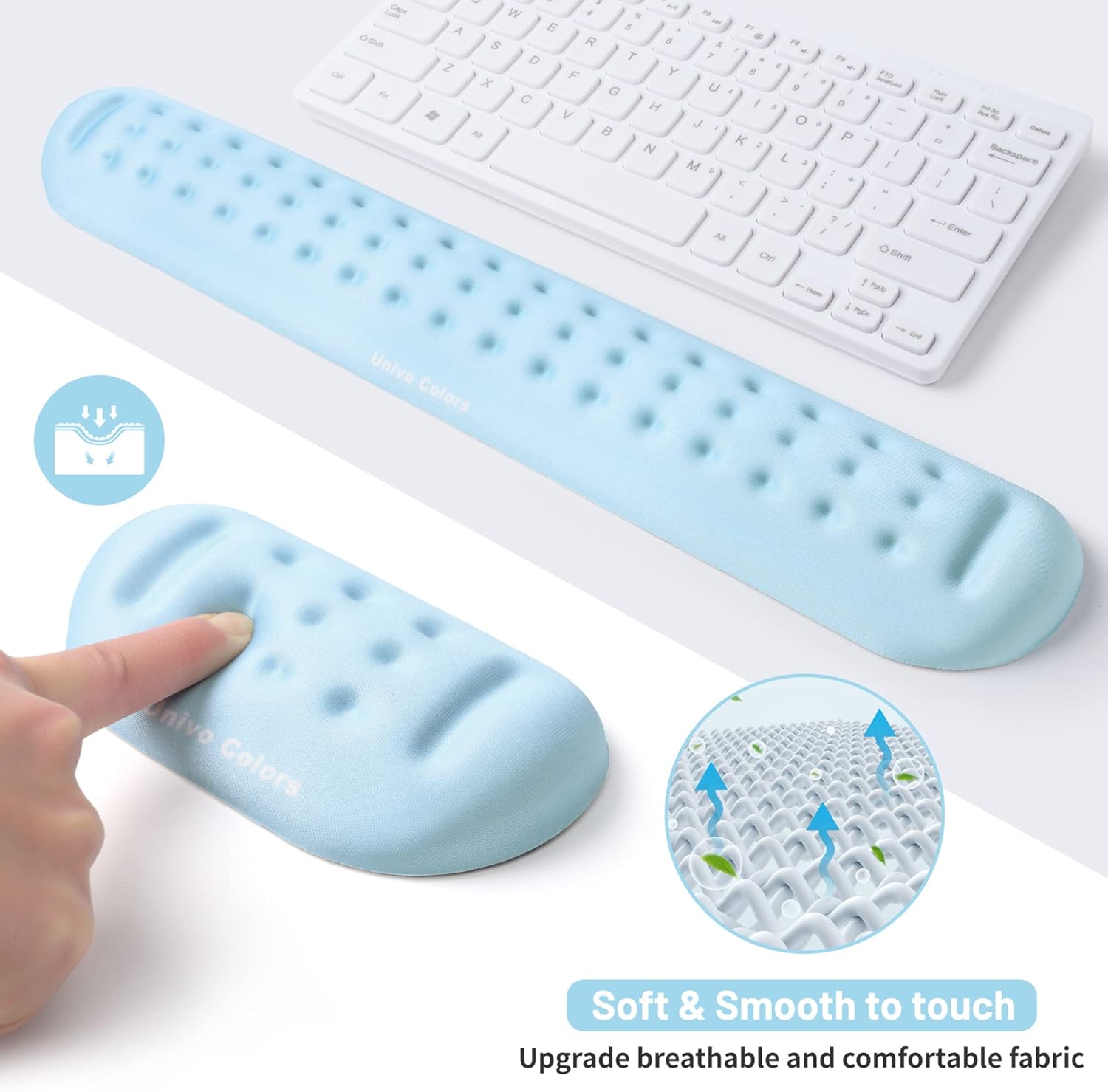 UnivoColors Light Blue Keyboard Wrist Support and Mouse Wrist Rest Set, Made of Memory Foam Soft Gel, Ergonomic Pad for Computer, Laptop, Mouse, Office, Gaming
