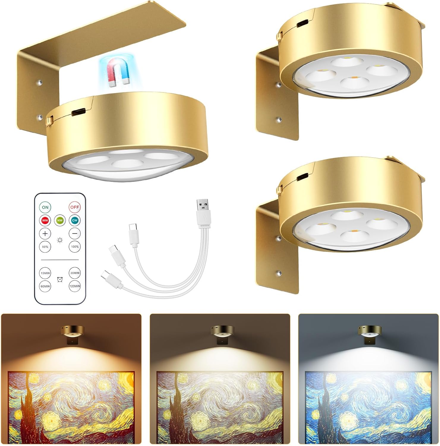 Brightown 3-Pack Picture Lights for Wall,Rechargeable Battery Operated Painting Light Magnetic Art Display Light with Remote, Puck Lights, Dimmable & Timer Art Lighting for Paintings Wireless,Gold