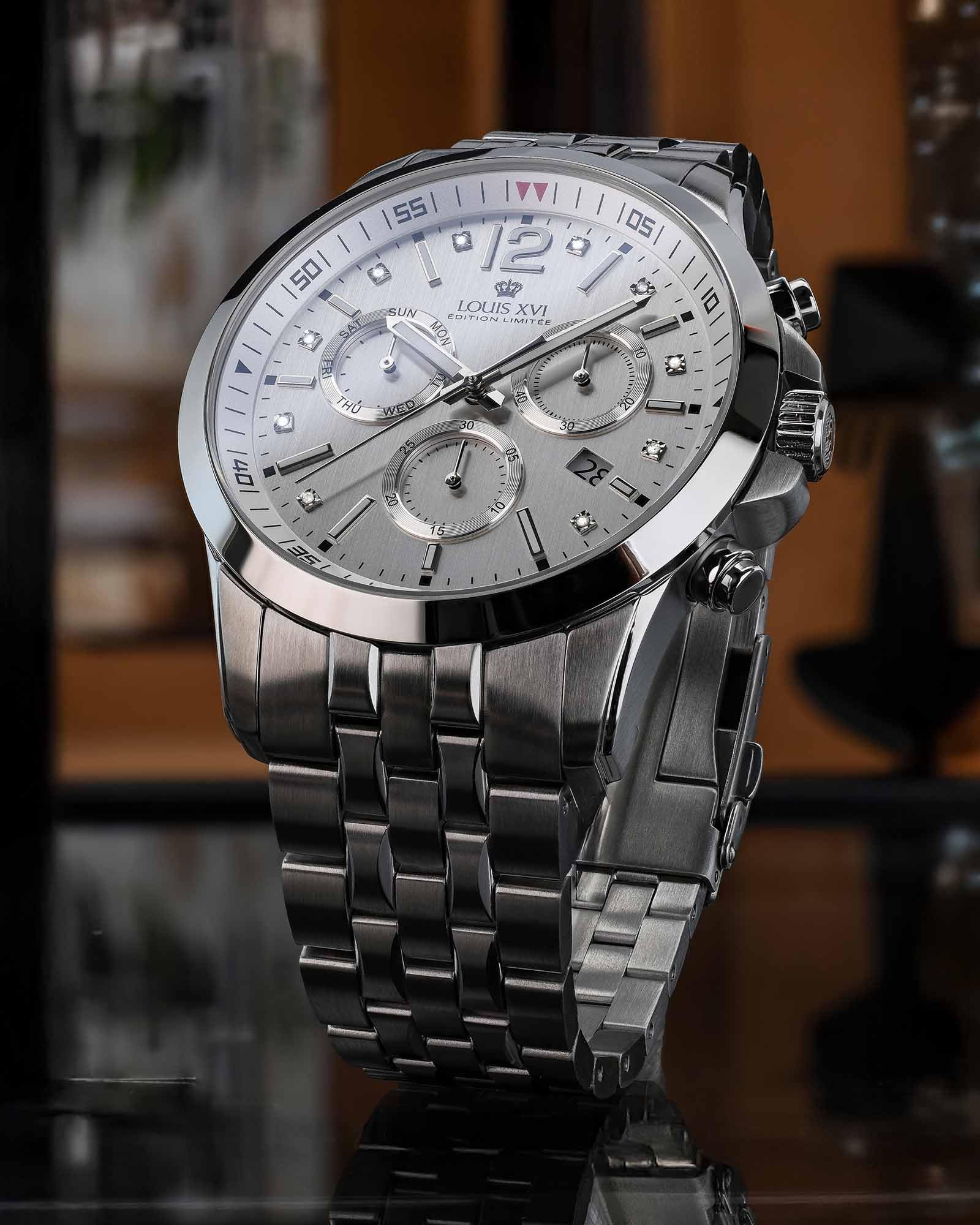 LOUIS XVI Athos le Grand 2.0 3520 - Ø 48 mm - Herren Uhr - Wasserdicht - Armband Silber - Zifferblatt Silber mit Diamanten - Kaliber Ronda Z60
